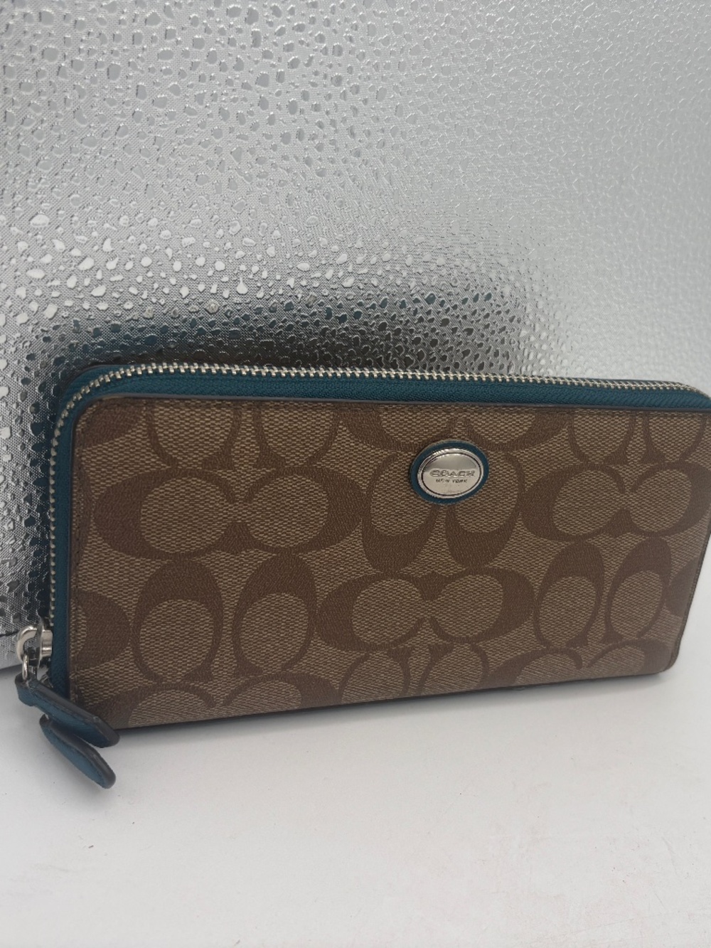 Coach Peyton Signature Accordion Zip around Wallet 49163 Teal/ Khaki/ Brown